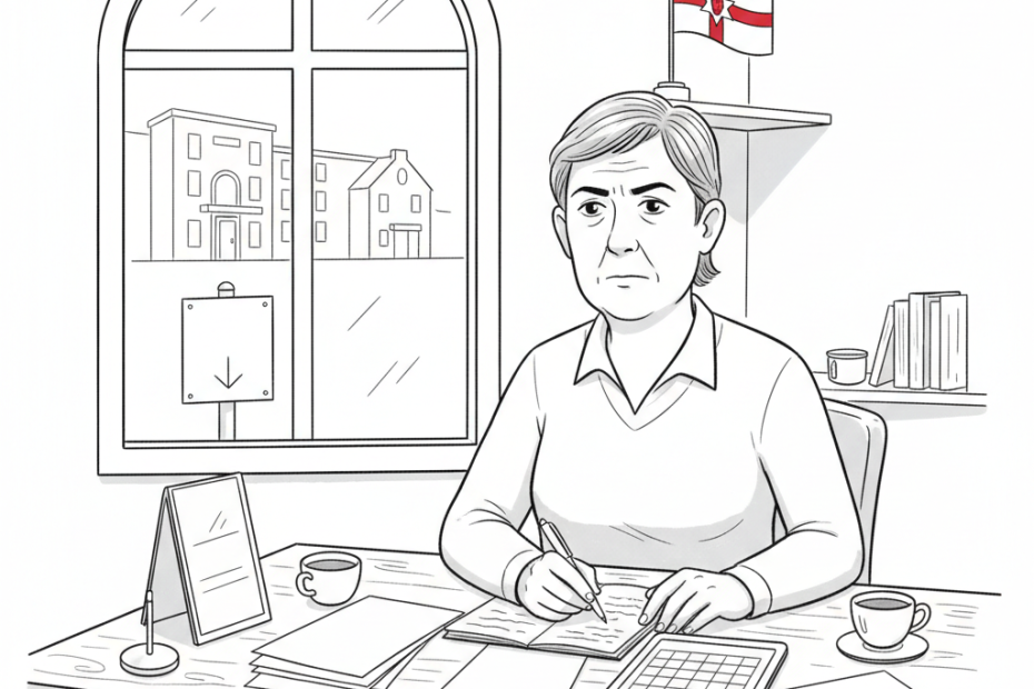 Pen-and-ink illustration of a small Northern Ireland hotel and cafe owner comparing bookings near the border, with a small tucked-away Northern Ireland flag as the only coloured element