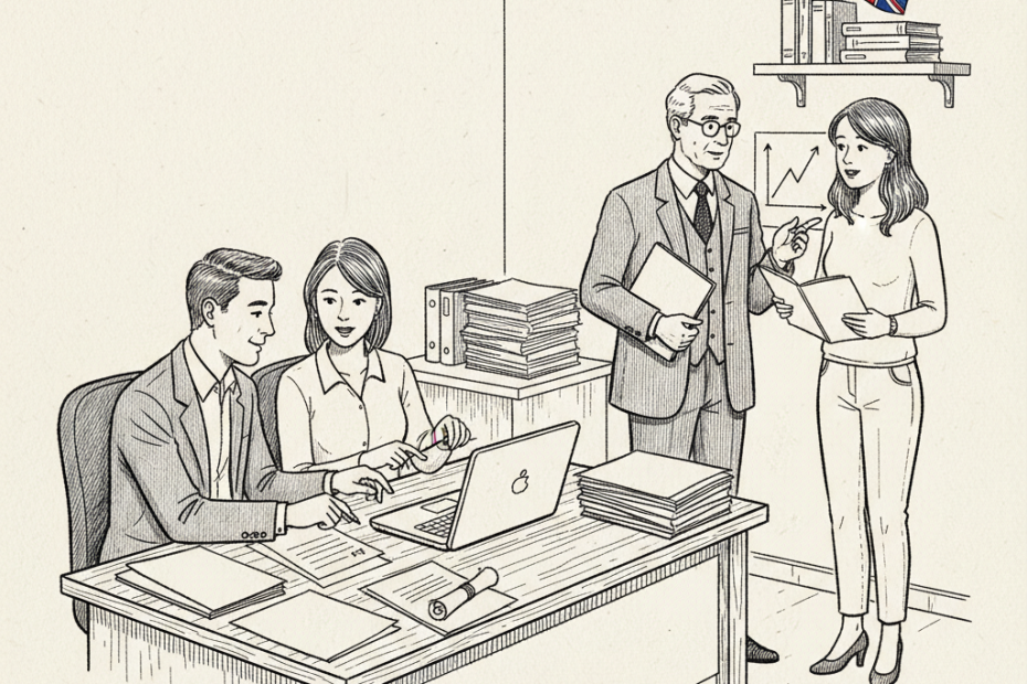 Pen-and-ink illustration of a British startup office with founders, charts and investors, with a small Union Jack as the only coloured element