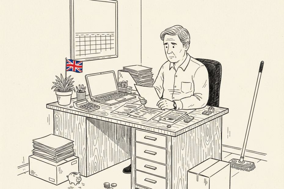 Pen-and-ink illustration of a small British business owner reviewing payroll papers at a desk, with a small Union Jack as the only coloured element