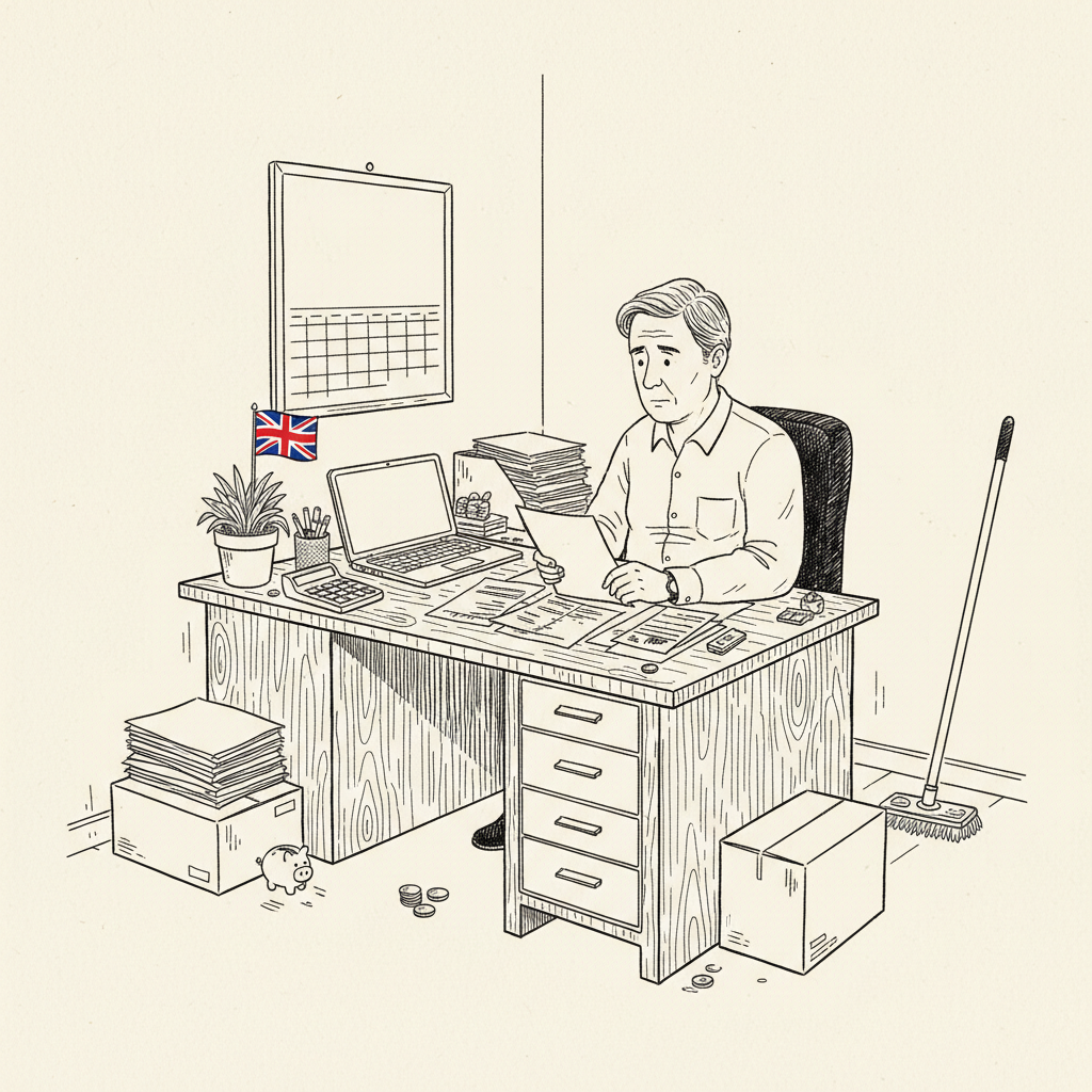 Pen-and-ink illustration of a small British business owner reviewing payroll papers at a desk, with a small Union Jack as the only coloured element