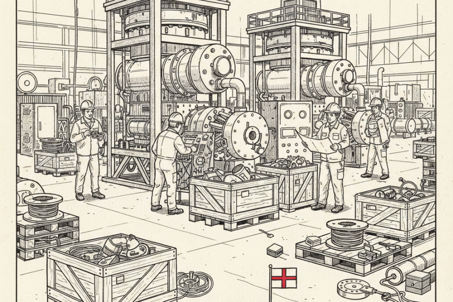 Pen-and-ink illustration of a South Yorkshire clean-energy factory scene with engineers and manufacturing equipment, with a small St George's flag as the only coloured element