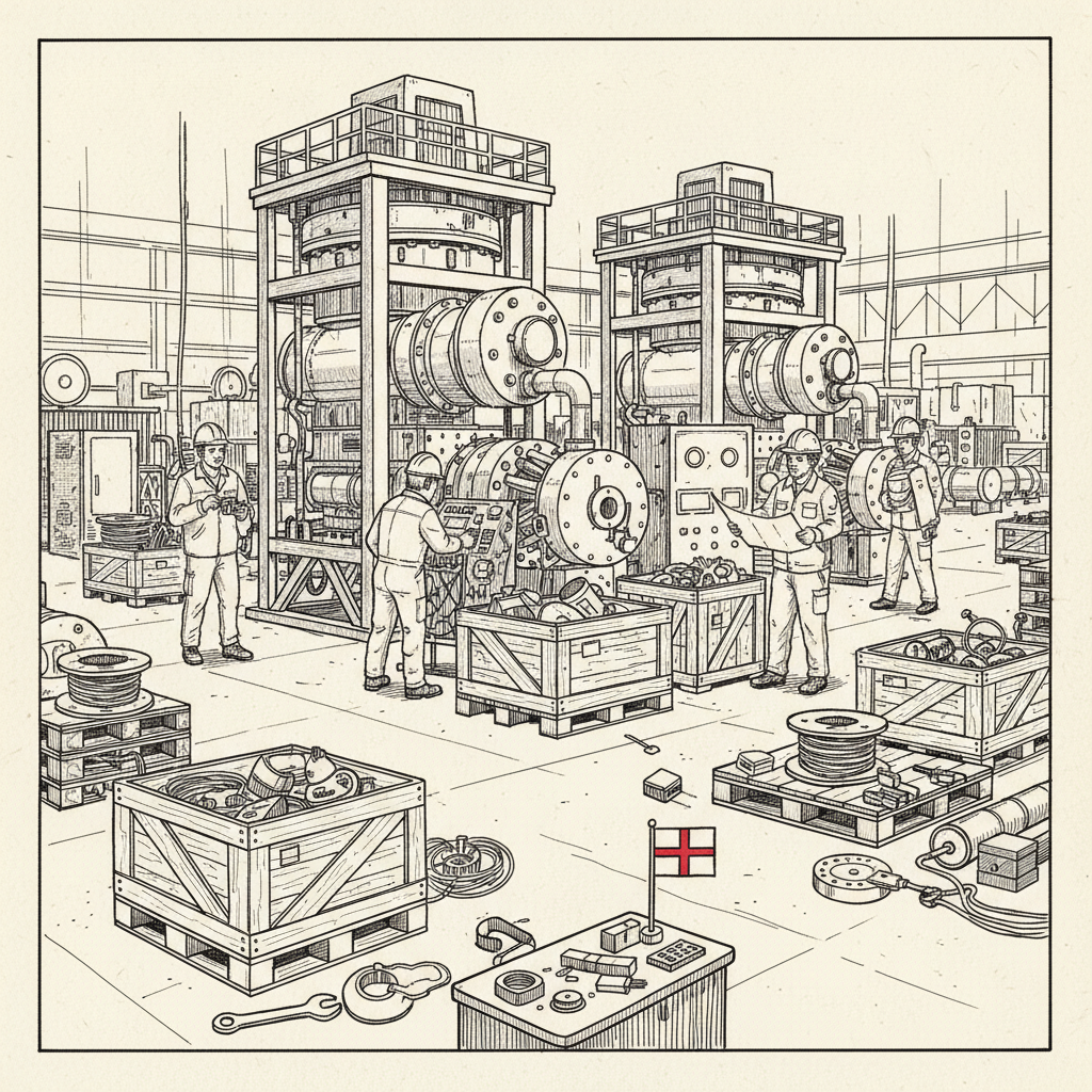 Pen-and-ink illustration of a South Yorkshire clean-energy factory scene with engineers and manufacturing equipment, with a small St George's flag as the only coloured element