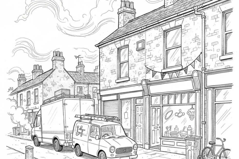 Pen-and-ink illustration of a UK small business street scene with a delivery van, shopfront and cafe, with a small tucked-away Union Jack as the only coloured element
