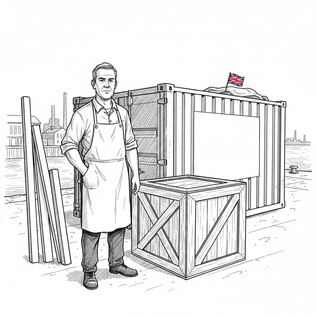 Pen-and-ink illustration of a small UK importer reviewing metal and construction supply paperwork, with a small Union Jack as the only coloured element.