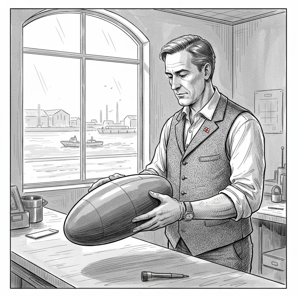 Pen-and-ink illustration of a South West engineering workshop linked to marine defence innovation, with a small St George’s Cross as the only coloured element.