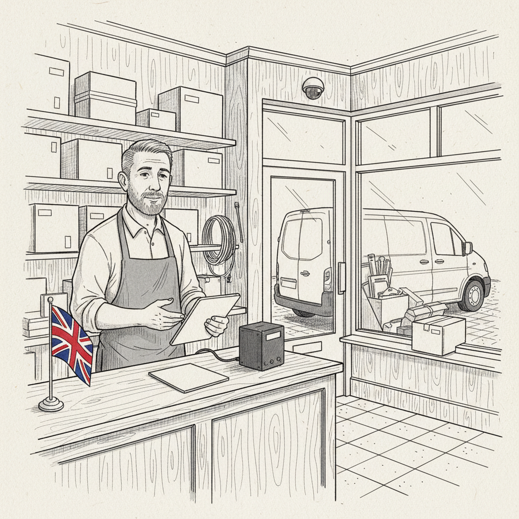 Pen-and-ink illustration of a UK small business owner in a shop and van setting, thinking about theft prevention, with a small tucked-away Union Jack as the only coloured element