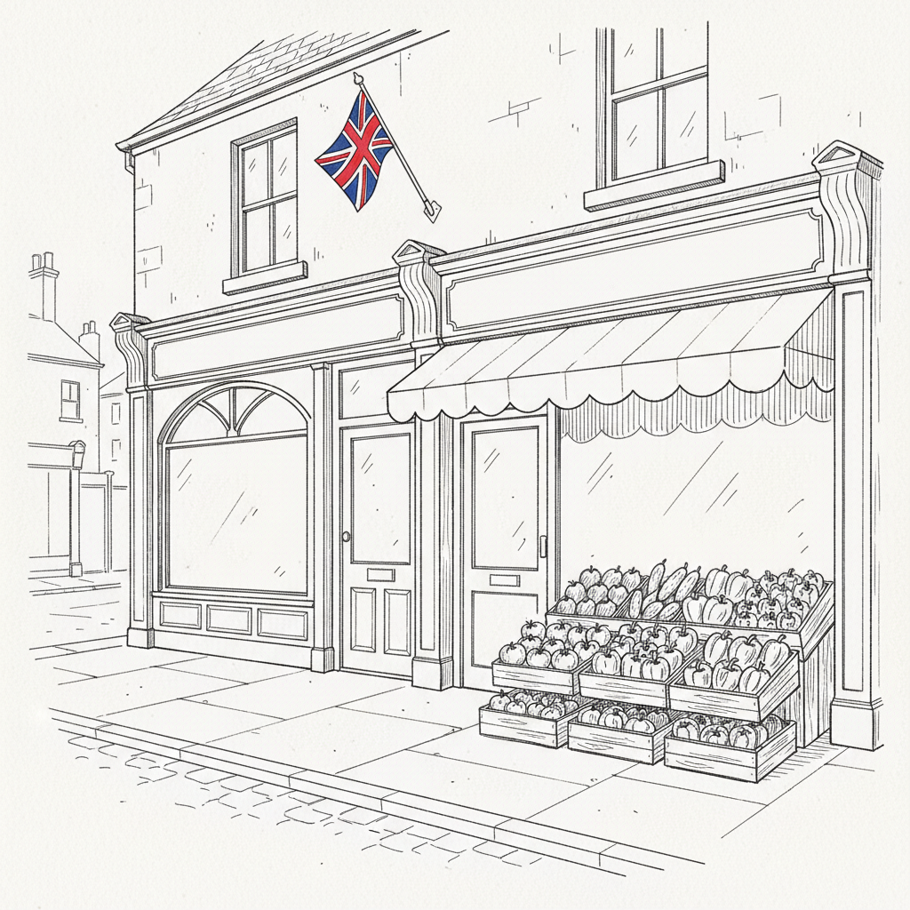 Pen-and-ink illustration of a British café, small grocer and fresh produce crates, with a tiny tucked-away Union Jack as the only coloured element.