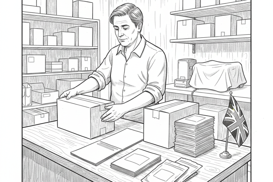 Pen-and-ink illustration of a UK independent vape business owner checking stock boxes and compliance paperwork, with a small tucked-away Union Jack as the only coloured element