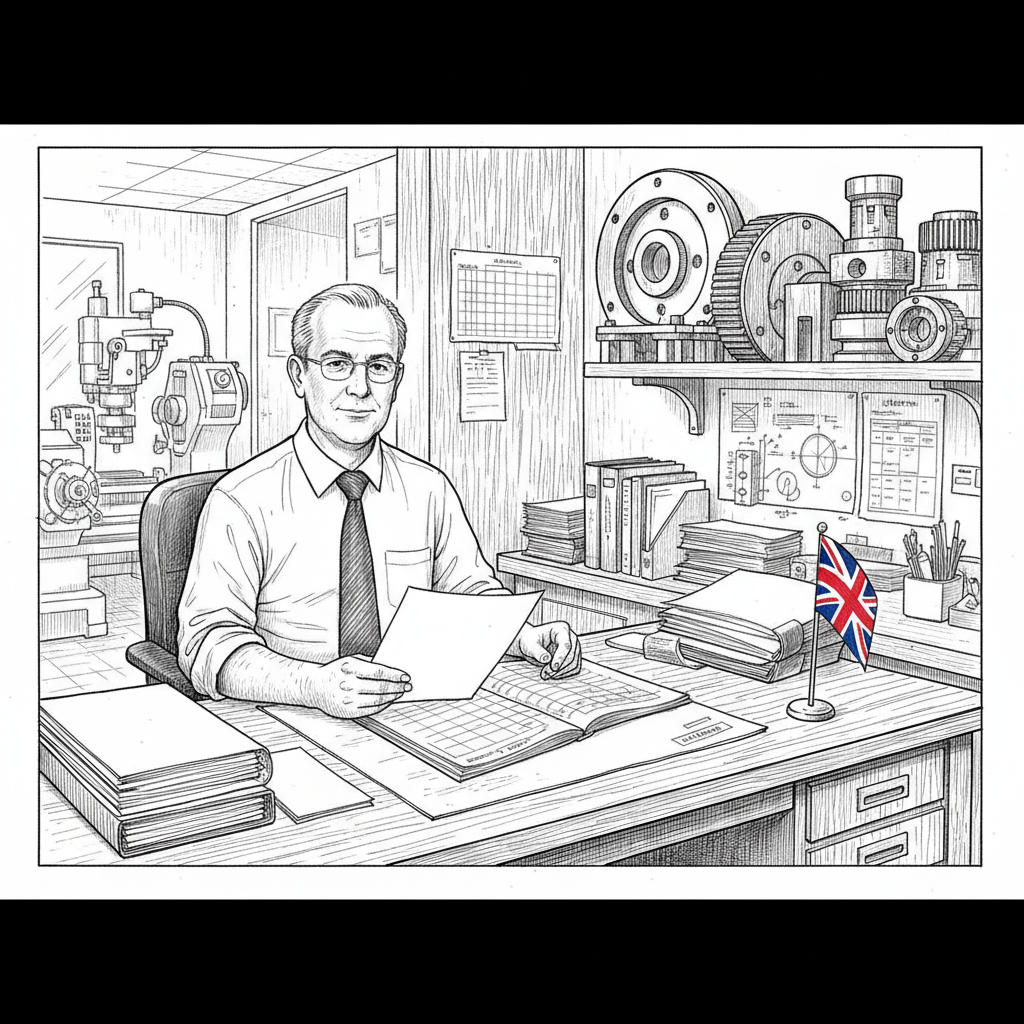 Pen-and-ink illustration of a small UK manufacturing business reviewing export plans and engineering components, with a small tucked-away Union Jack as the only coloured element