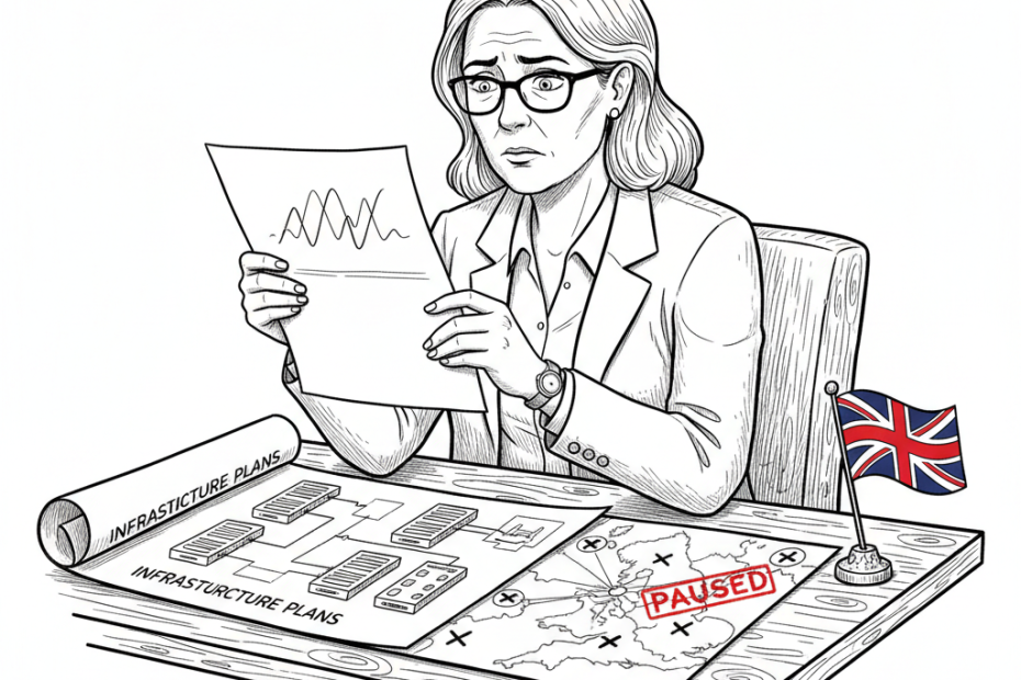 Pen-and-ink illustration of a small business owner studying energy and infrastructure plans, with a small Union Jack in the scene.