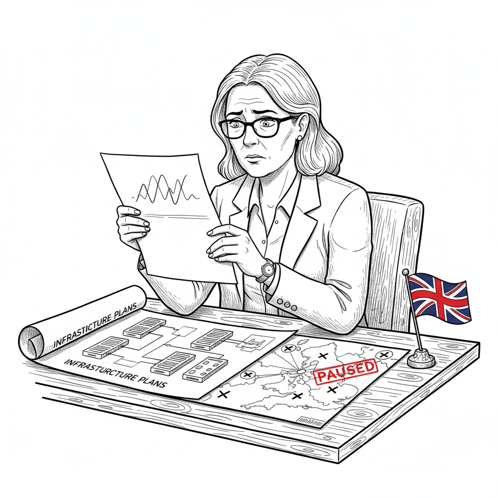 Pen-and-ink illustration of a small business owner studying energy and infrastructure plans, with a small Union Jack in the scene.