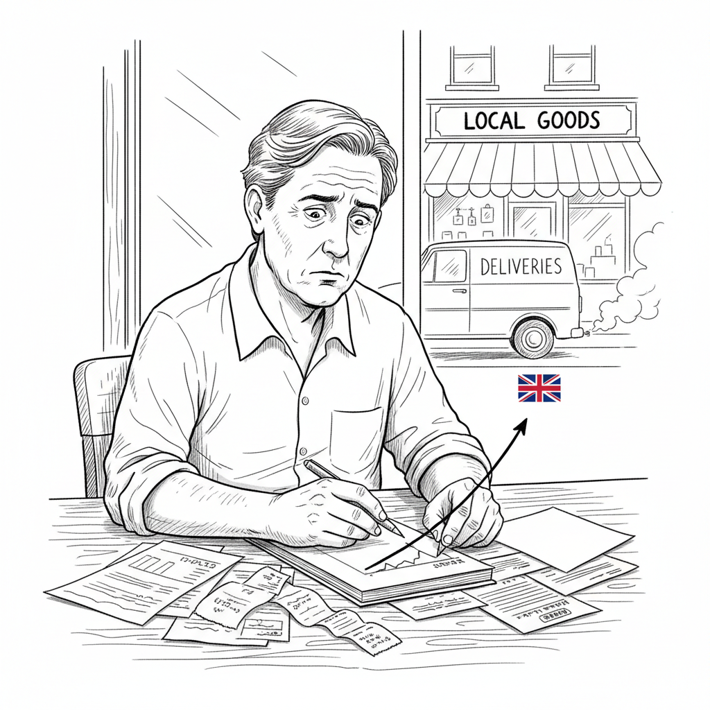 Pen-and-ink illustration of a UK small business owner reviewing rising fuel and delivery costs, with a small Union Jack as the only coloured element.