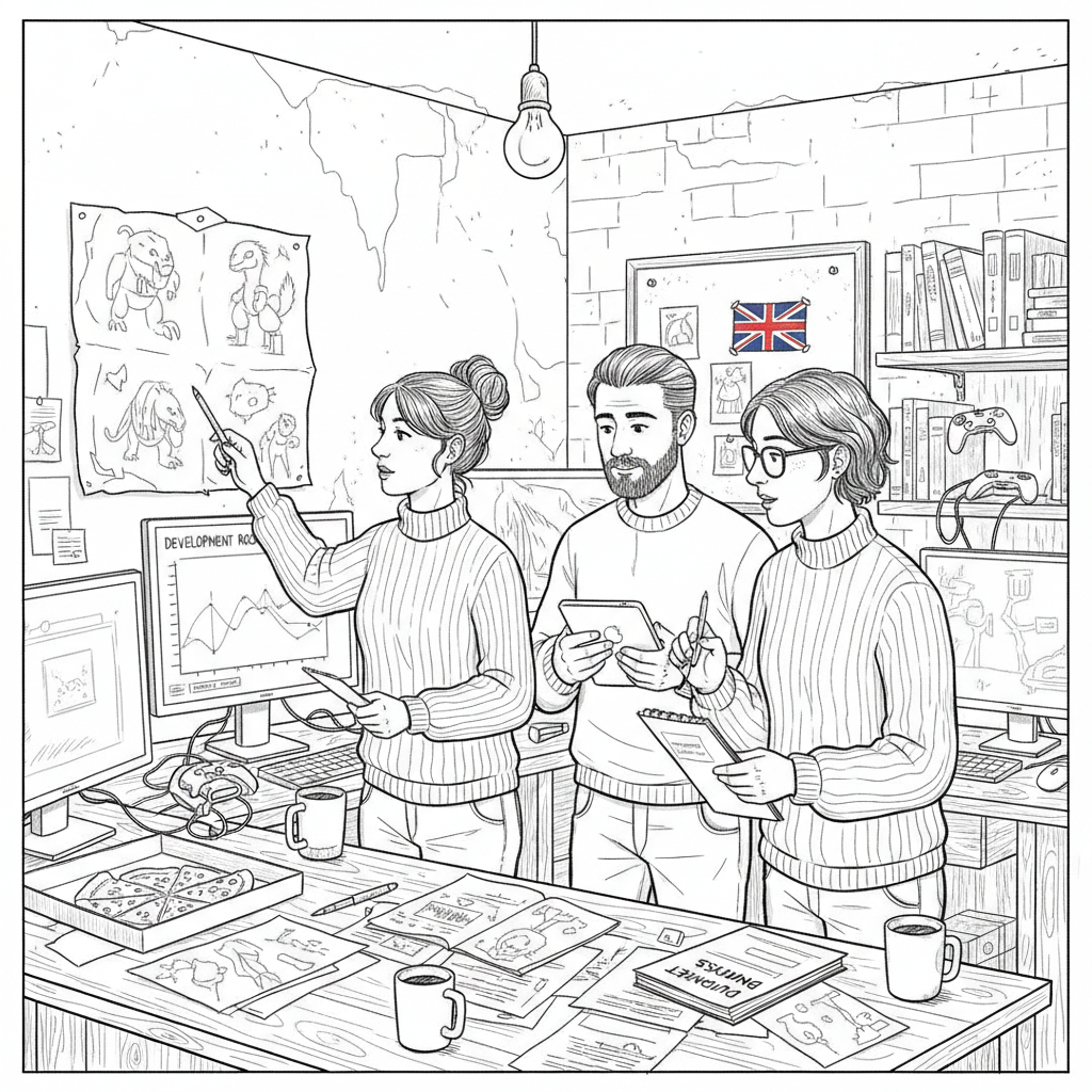 Pen-and-ink illustration of a small UK game studio team planning a new project around desks and sketches, with a small tucked-away Union Jack as the only coloured element