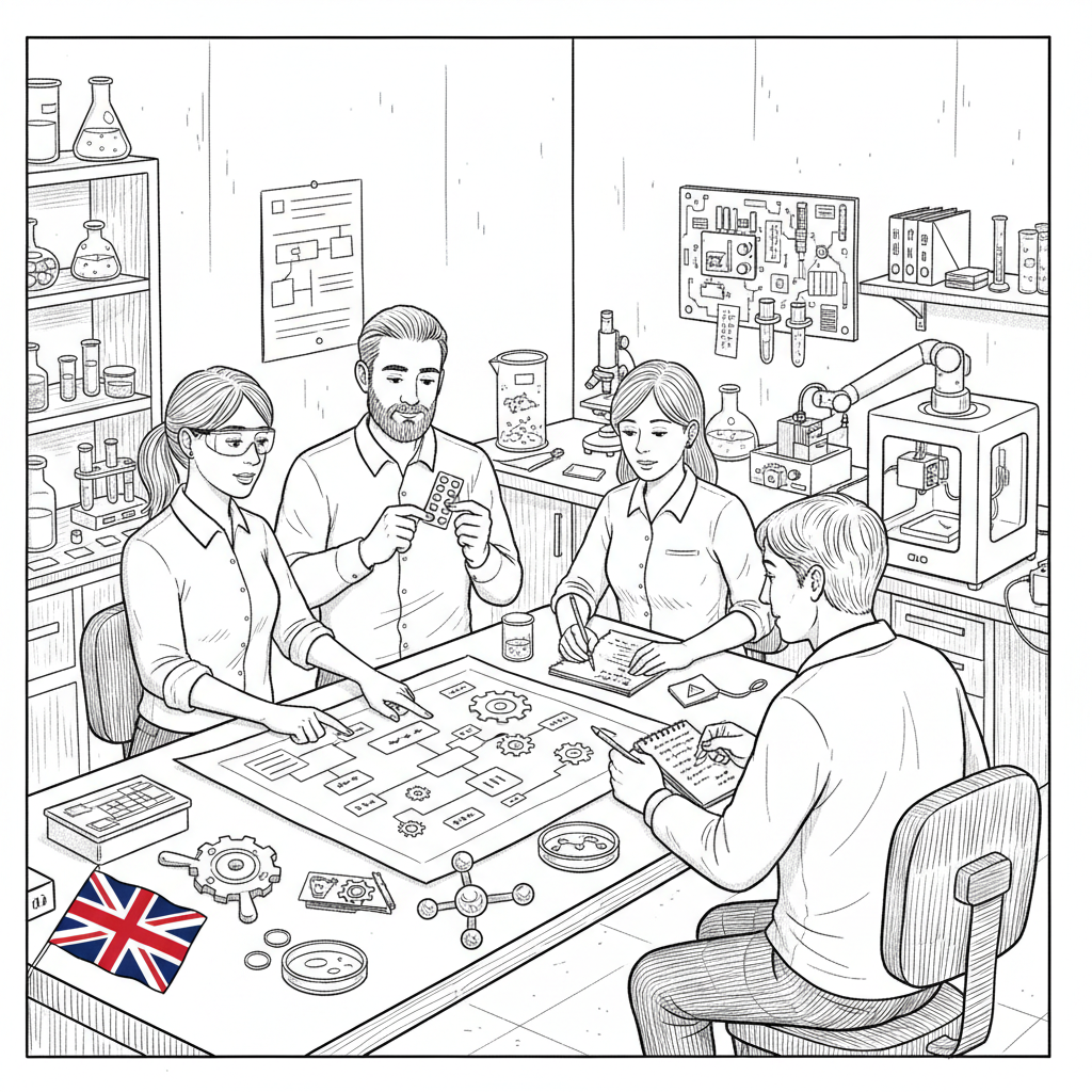 Pen-and-ink illustration of a small UK life sciences manufacturing team reviewing production plans in a modest lab and workshop, with a small tucked-away Union Jack as the only coloured element