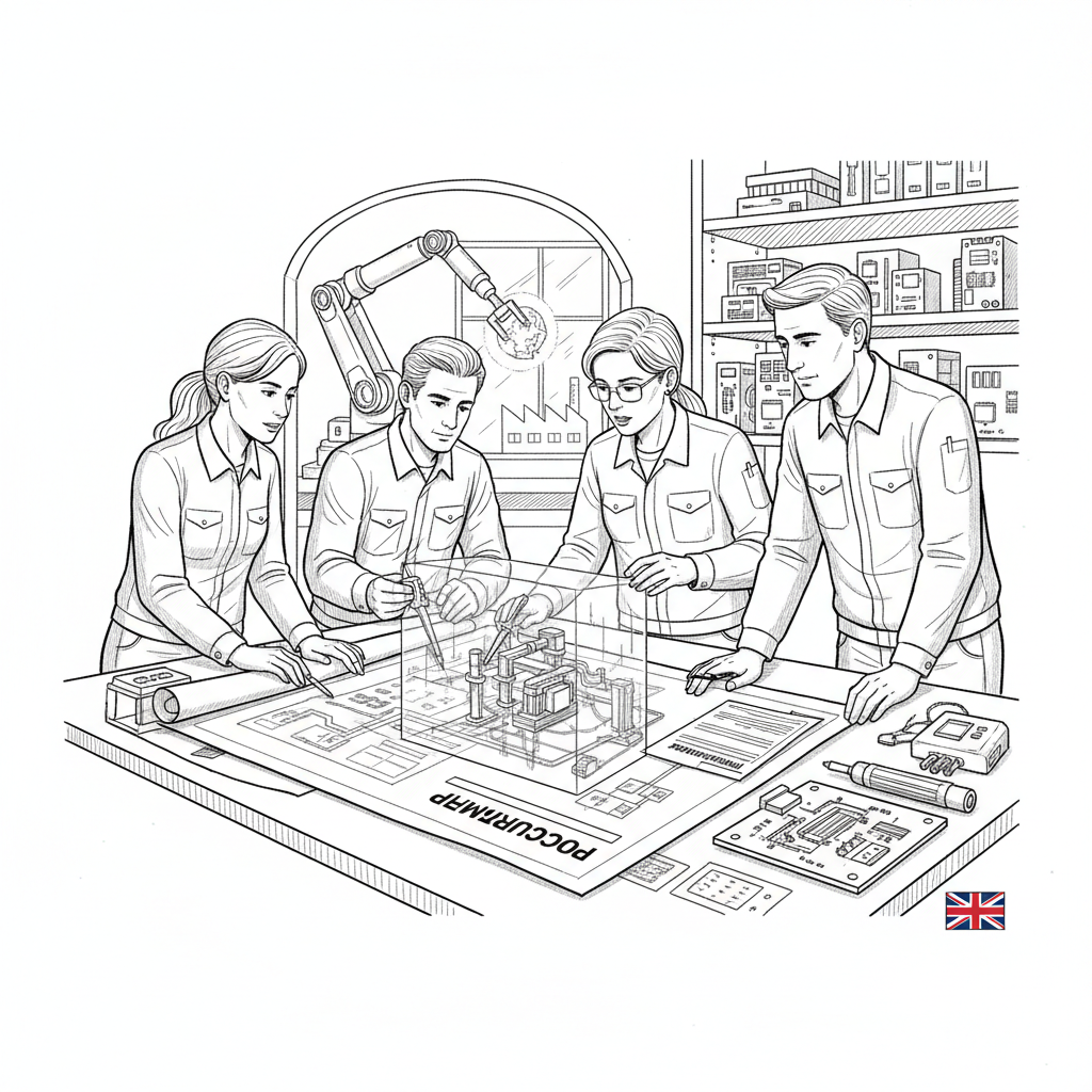 Pen-and-ink illustration of a small UK engineering business reviewing fusion supply chain plans
