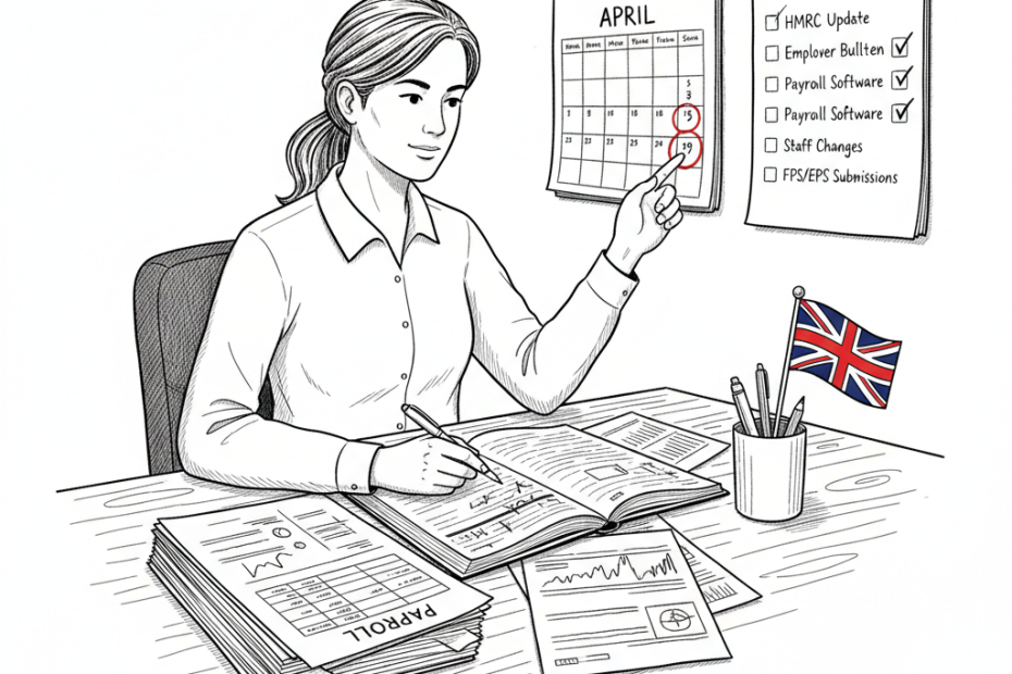 Pen-and-ink illustration of a small UK business owner reviewing payroll and HMRC deadlines at a desk