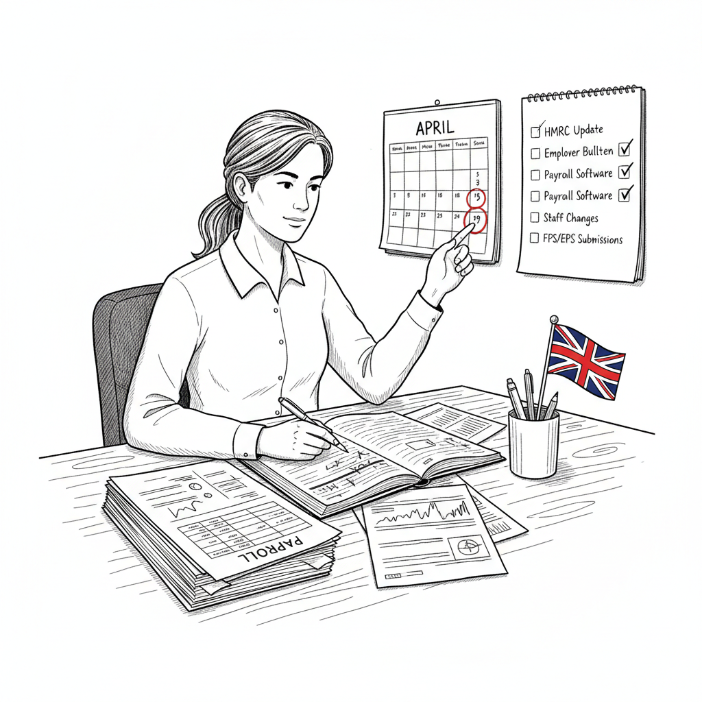 Pen-and-ink illustration of a small UK business owner reviewing payroll and HMRC deadlines at a desk