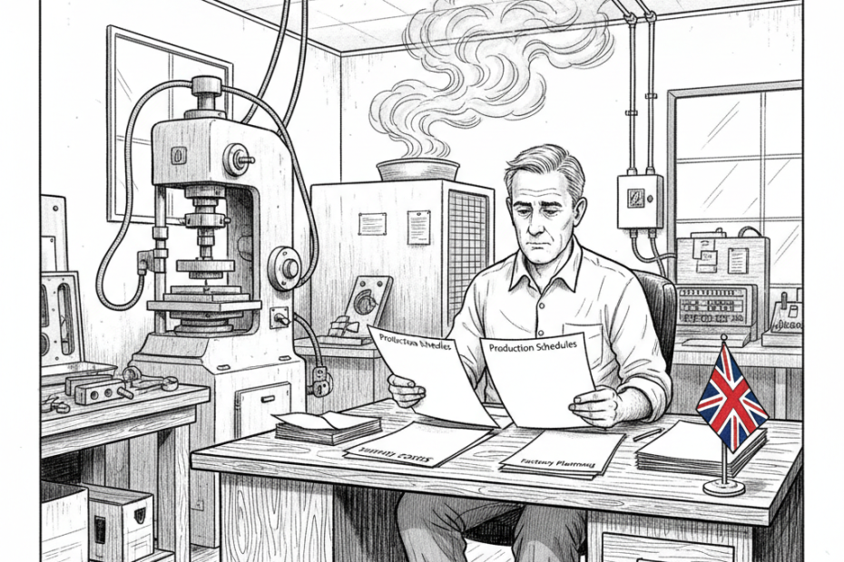 Pen-and-ink illustration of a small UK manufacturing business reviewing energy costs and production plans, with a tiny tucked-away Union Jack as the only coloured element