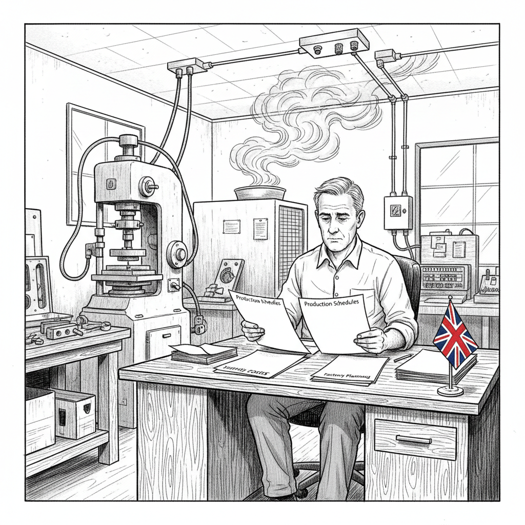 Pen-and-ink illustration of a small UK manufacturing business reviewing energy costs and production plans, with a tiny tucked-away Union Jack as the only coloured element