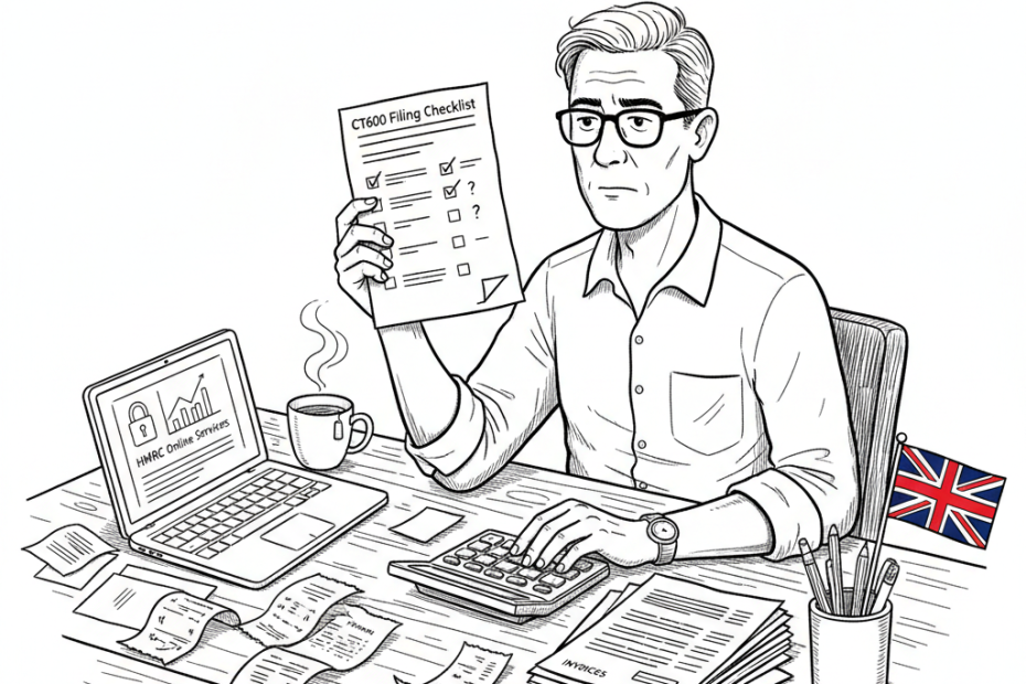 Pen-and-ink illustration of a small UK business owner reviewing a corporation tax filing checklist at a desk