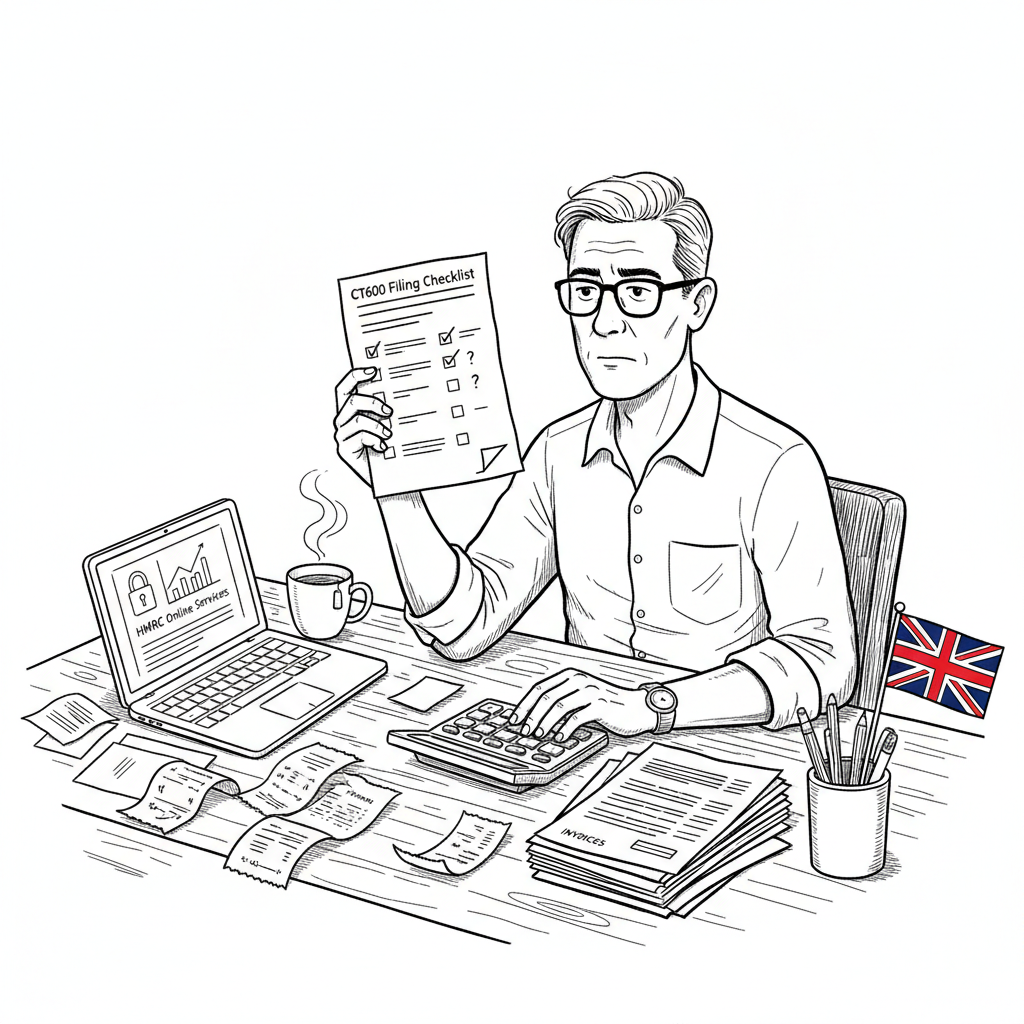 Pen-and-ink illustration of a small UK business owner reviewing a corporation tax filing checklist at a desk