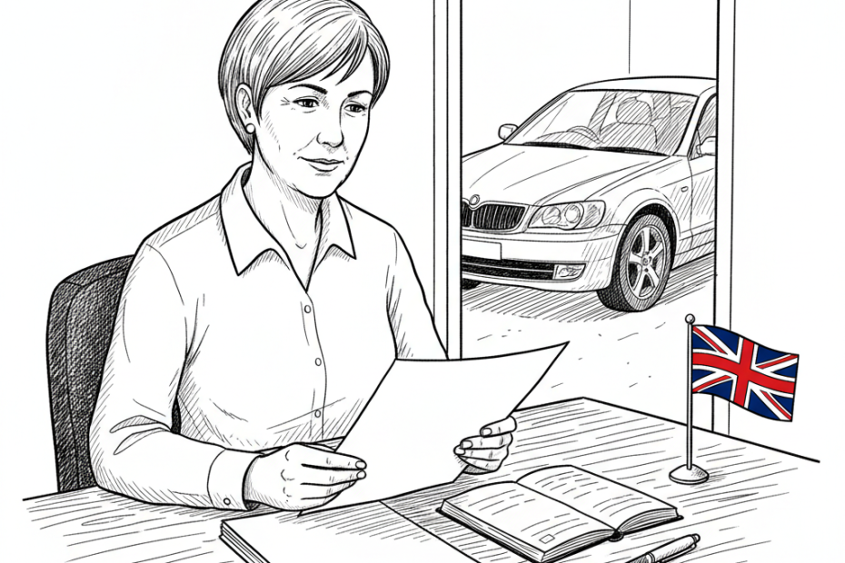 Pen-and-ink illustration of a UK small business owner reviewing vehicle fuel paperwork beside a business car, with a small tucked-away Union Jack as the only coloured element