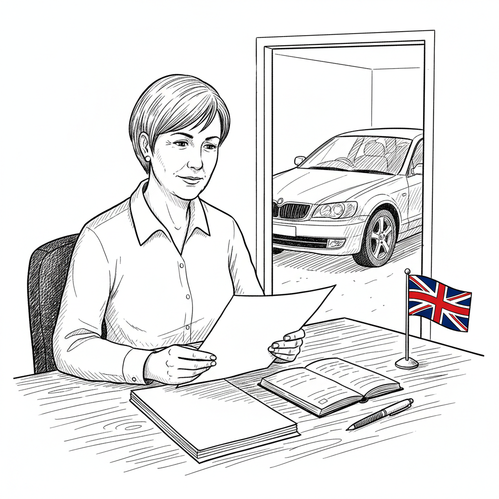 Pen-and-ink illustration of a UK small business owner reviewing vehicle fuel paperwork beside a business car, with a small tucked-away Union Jack as the only coloured element