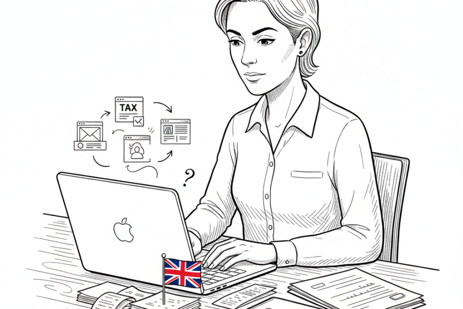 Pen-and-ink illustration of a UK sole trader reviewing digital tax software options at a desk