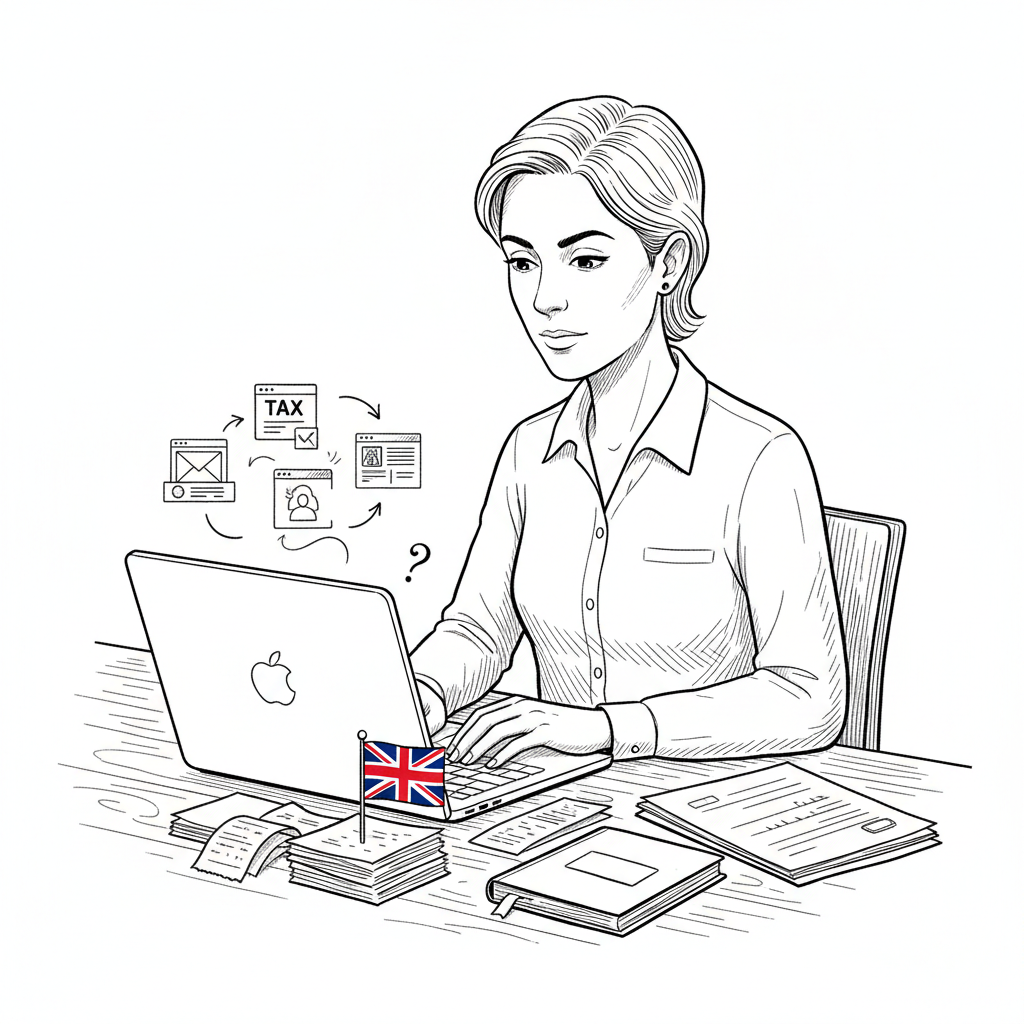 Pen-and-ink illustration of a UK sole trader reviewing digital tax software options at a desk