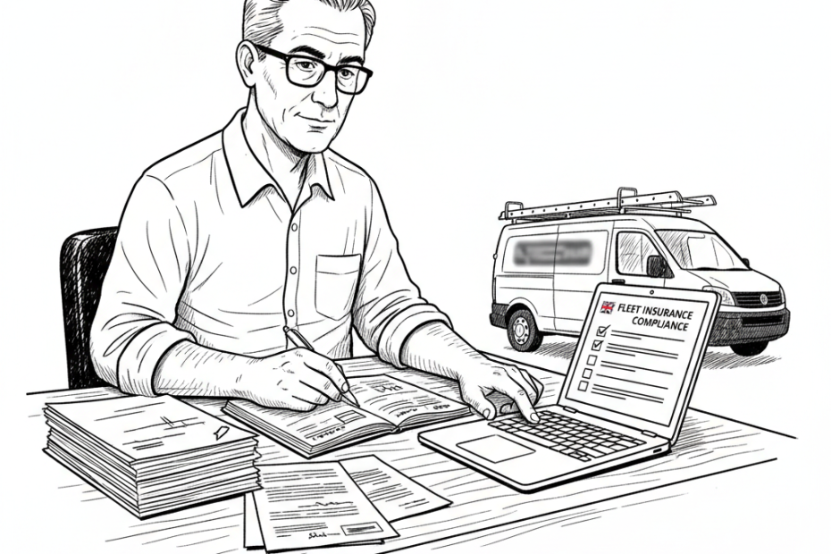 Pen-and-ink illustration of a UK small business owner checking vehicle insurance and fleet documents beside a van