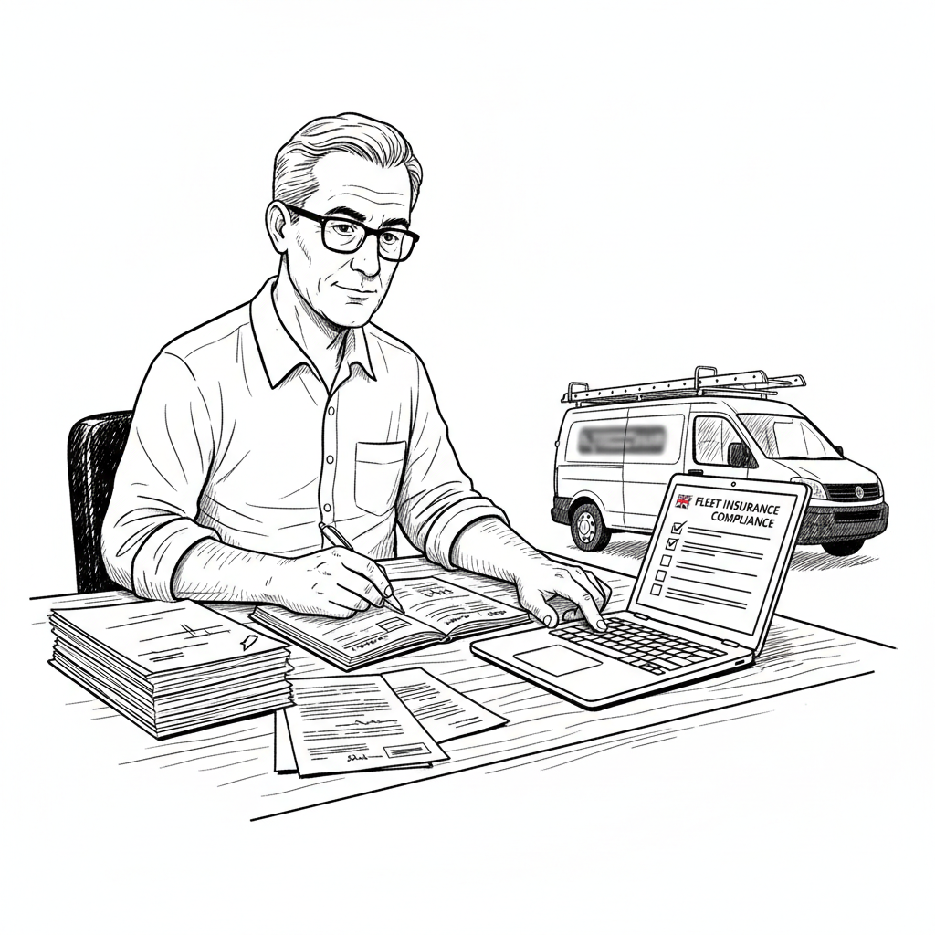 Pen-and-ink illustration of a UK small business owner checking vehicle insurance and fleet documents beside a van