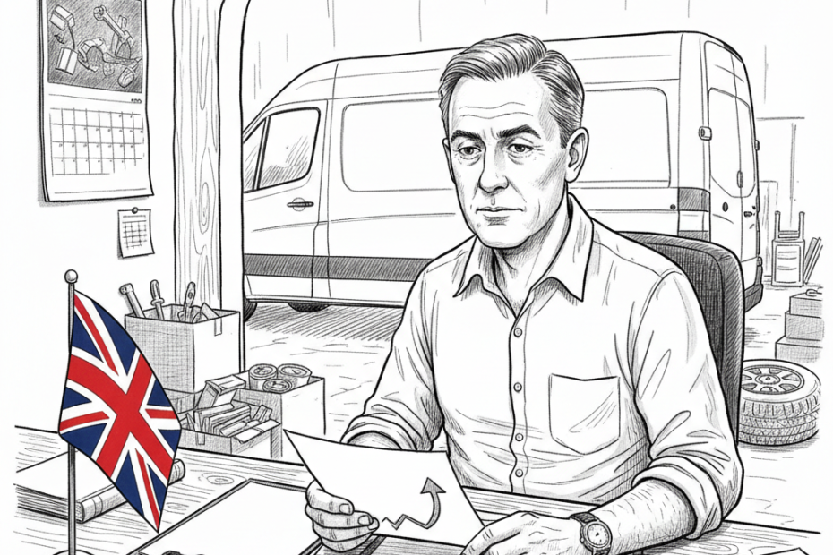 Pen-and-ink illustration of a UK small business owner reviewing delivery and fuel-cost plans beside a van, with a tiny tucked-away Union Jack as the only coloured element