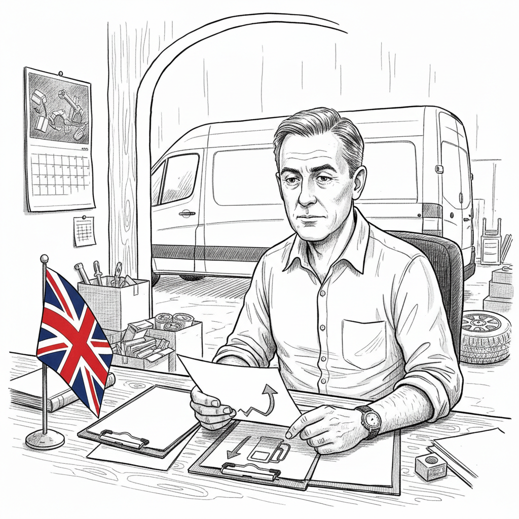 Pen-and-ink illustration of a UK small business owner reviewing delivery and fuel-cost plans beside a van, with a tiny tucked-away Union Jack as the only coloured element