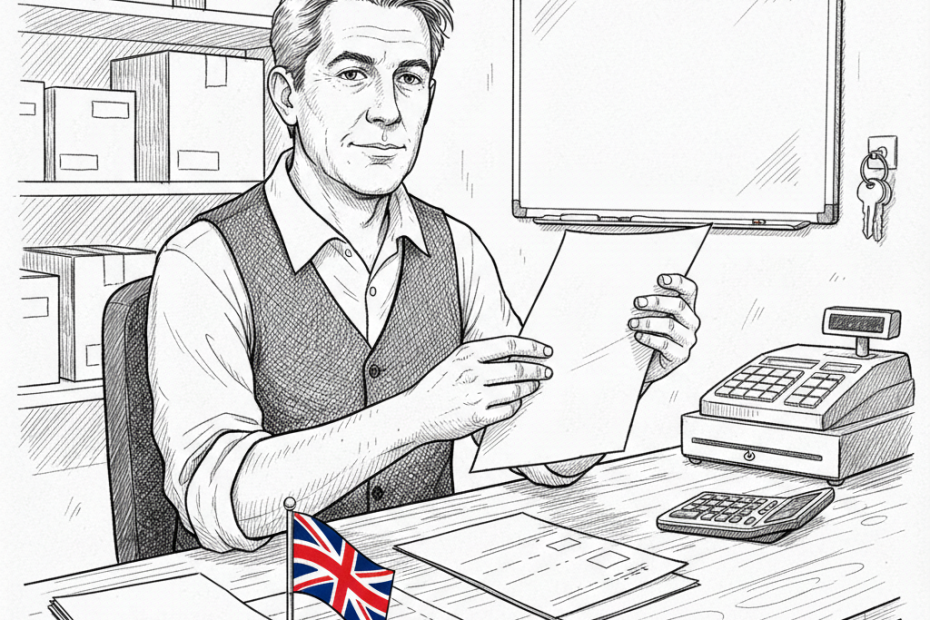 Pen-and-ink illustration of a UK small business owner reviewing staffing rotas and cost notes at a shop counter, with a tiny tucked-away Union Jack as the only coloured element