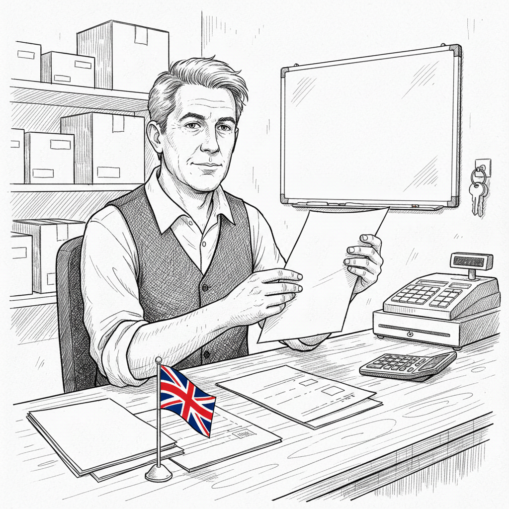 Pen-and-ink illustration of a UK small business owner reviewing staffing rotas and cost notes at a shop counter, with a tiny tucked-away Union Jack as the only coloured element