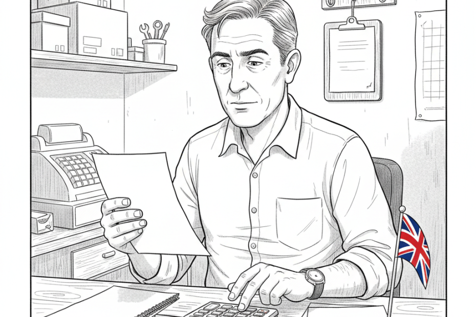 Pen-and-ink illustration of a UK small business owner checking an electricity bill and cost notes at a shop counter, with a tiny tucked-away Union Jack as the only coloured element