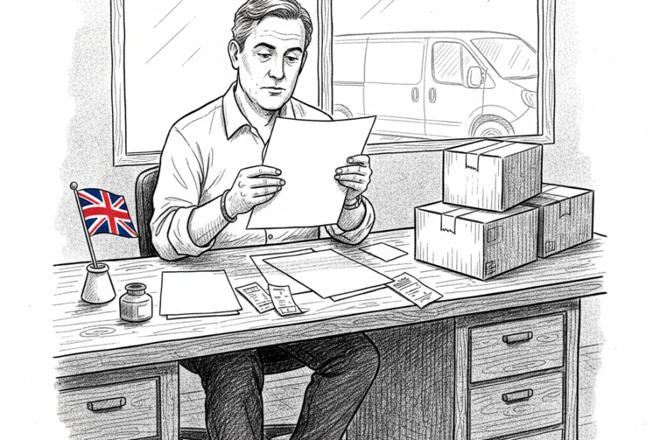 Pen-and-ink illustration of a UK small business owner reviewing delivery, fuel and pricing paperwork at a workbench, with a small tucked-away Union Jack as the only coloured element