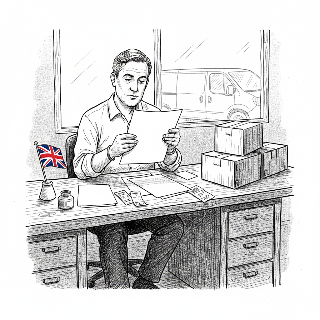 Pen-and-ink illustration of a UK small business owner reviewing delivery, fuel and pricing paperwork at a workbench, with a small tucked-away Union Jack as the only coloured element