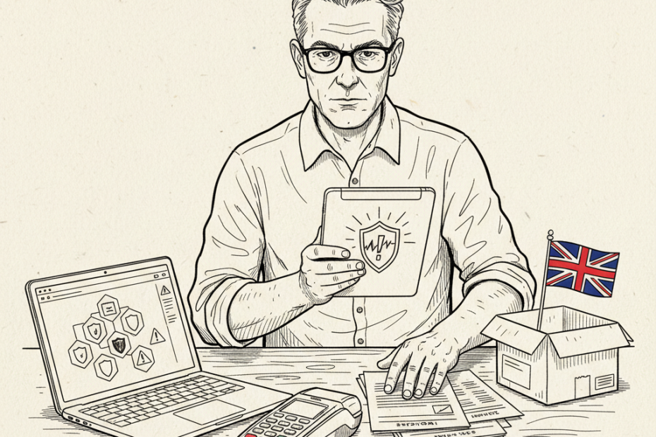 Pen-and-ink illustration of a UK small business owner reviewing cyber security controls on a laptop in a small office, with a small tucked-away Union Jack as the only coloured element