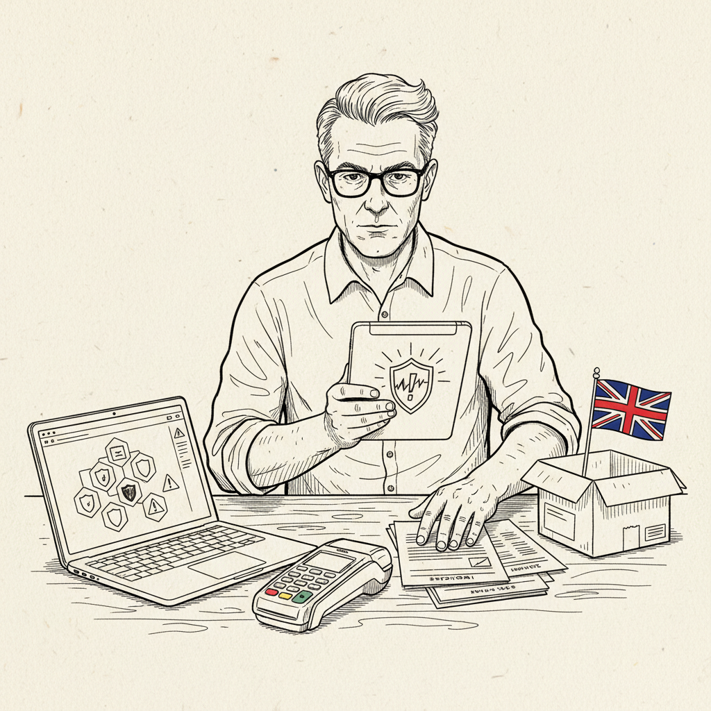 Pen-and-ink illustration of a UK small business owner reviewing cyber security controls on a laptop in a small office, with a small tucked-away Union Jack as the only coloured element