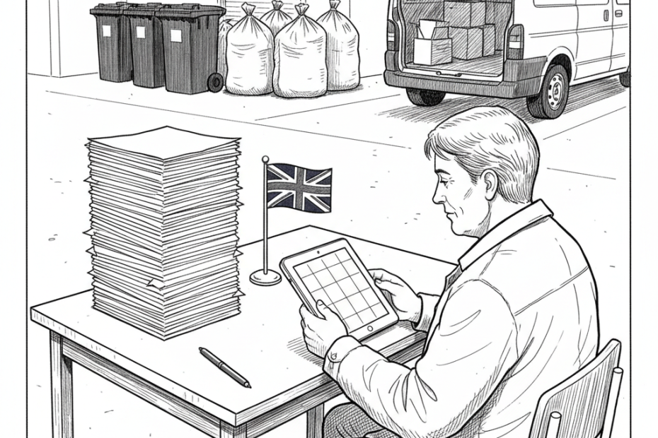 Pen-and-ink illustration of a UK waste or small business operator reviewing digital waste tracking records, with a small tucked-away Union Jack as the only coloured element