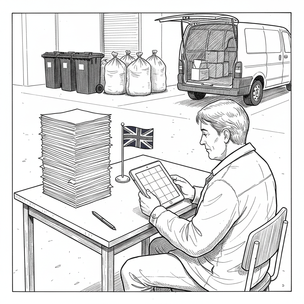 Pen-and-ink illustration of a UK waste or small business operator reviewing digital waste tracking records, with a small tucked-away Union Jack as the only coloured element