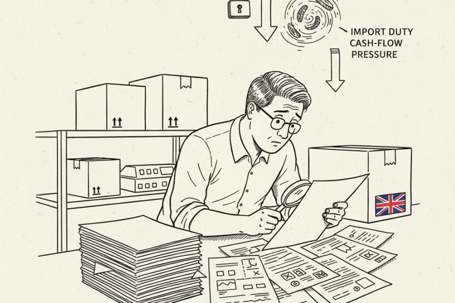 Pen-and-ink illustration of a UK small business importer checking tariff paperwork beside boxes, with a small tucked-away Union Jack as the only coloured element
