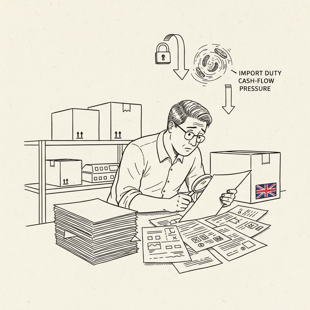 Pen-and-ink illustration of a UK small business importer checking tariff paperwork beside boxes, with a small tucked-away Union Jack as the only coloured element