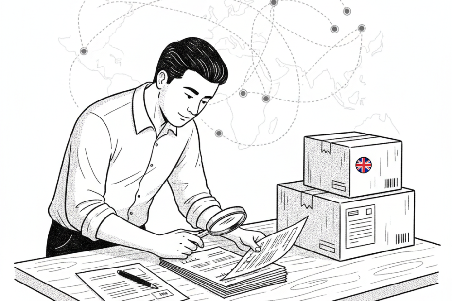 Pen-and-ink illustration of a UK small business exporter checking customs paperwork beside packed goods for India, with a small tucked-away Union Jack as the only coloured element