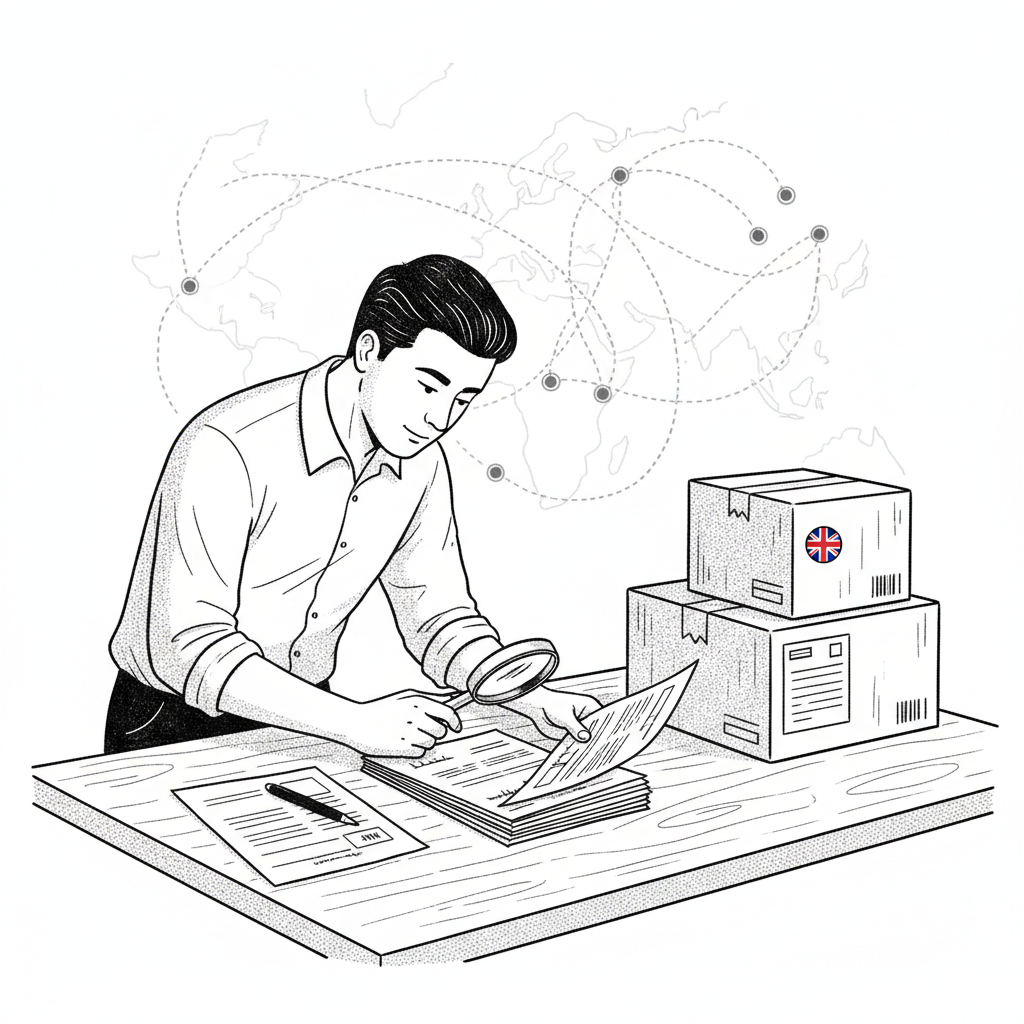 Pen-and-ink illustration of a UK small business exporter checking customs paperwork beside packed goods for India, with a small tucked-away Union Jack as the only coloured element