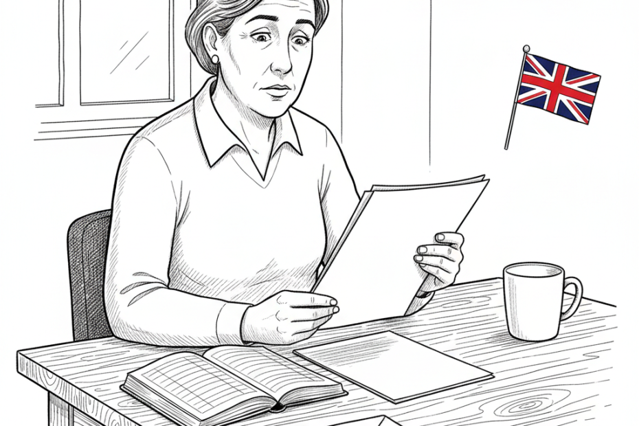 Pen-and-ink illustration of a UK sole trader reviewing blank tax paperwork at a small business desk, with a tiny tucked-away Union Jack as the only coloured element