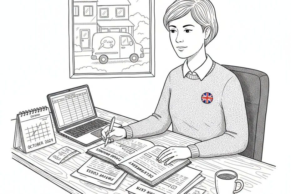 Pen-and-ink illustration of a UK small business owner reviewing travel and delivery costs beside a calendar and laptop, with a small tucked-away Union Jack as the only coloured element
