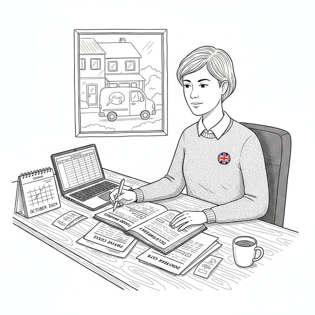 Pen-and-ink illustration of a UK small business owner reviewing travel and delivery costs beside a calendar and laptop, with a small tucked-away Union Jack as the only coloured element