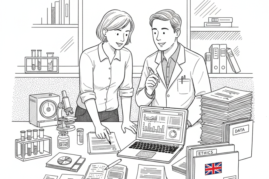 Pen-and-ink illustration of a small UK life sciences business reviewing clinical trial paperwork beside lab equipment, with a small tucked-away Union Jack as the only coloured element